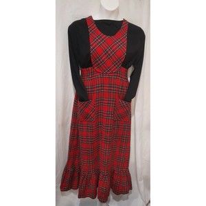 Vintage Plaid Wool Jumper Dress, Ankle Length, Size 14 Red